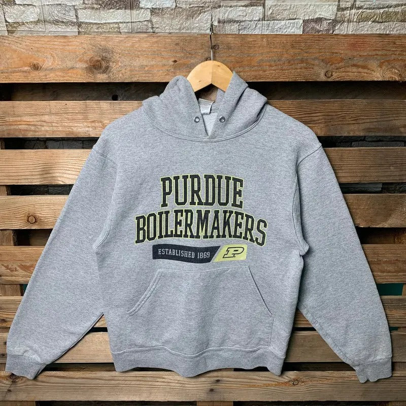 Vintage NCAA Purdue Boilermakers Hoodie Purdue Pullover Hooded Purdue Boilermakers Logo Graphic Print Purdue Boilermakers Football Gray