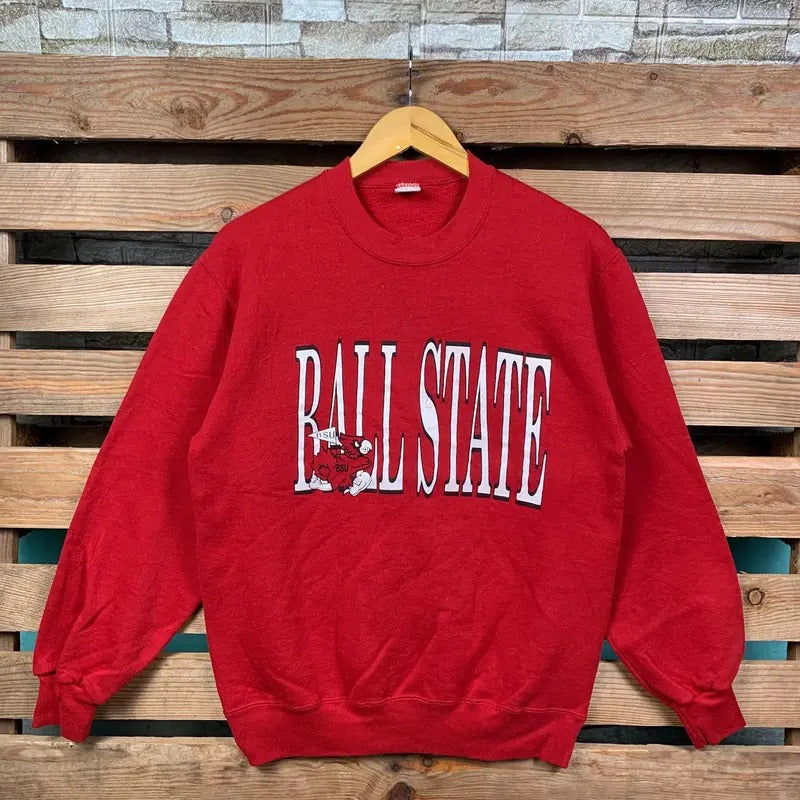 Vintage Ncaa Ball State Sweatshirt Ball State Pullover Sweater Ball State Crewneck Jumper Ball State Print Graphic Logo Red Colour Small