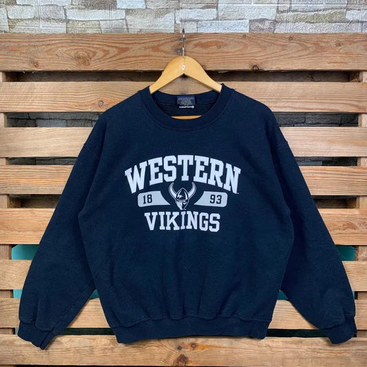 Vintage Ncaa Western Vikings Sweatshirt Western Crewneck Jumper Vikings Pullover Sweater Western Vikings Logo Print Graphic Black Colour