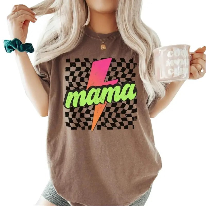 Vintage Neon Mama T-Shirt, Unisex Cotton For Men, Casual Polyeste Crewneck Shortsleeve Hoodie, Sweatshirt