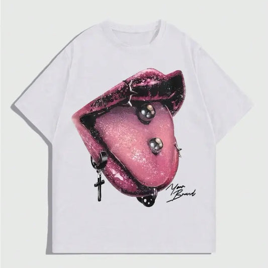 Vintage Punk Kiss Illustrated Graphic Tee, Sweatshirt, Hoodie Gift For Women Top Womenswear Underwear Cotton T-Shirt Polyester