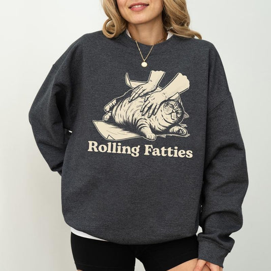 Vintage Rolling Fatties Cat Sweatshirt, Sarcastic Rolling Crewneck, Funny Meme Fat Cat Long Sleeved Pullover, Funny Unisex Sweater