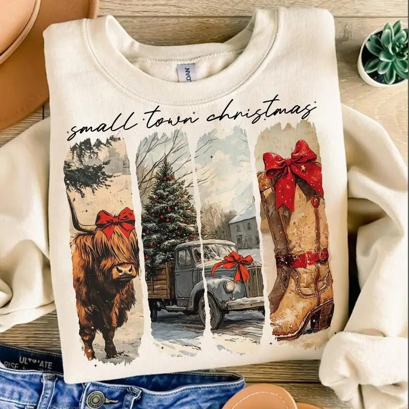 Vintage Small Town Christmas Sweater, Vintage Cow Girl Xmas Vibes Sweatshirt