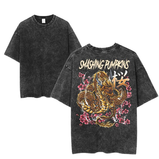 Vintage Smashing Pumpkins Dragon & Cherry Blossom Design Tee, Retro Rock Band Tee, Double-Sided Graphic Design, Casual Streetwear, Unisex Cotton Shirt