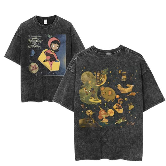 Vintage Smashing Pumpkins Mellon Collie & Infinite Sadness Graphic Tee, Cartoon Art Design, Retro Rock Band Tee, Double-Sided Graphic Design, Casual Streetwear, Unisex Cotton Shirt