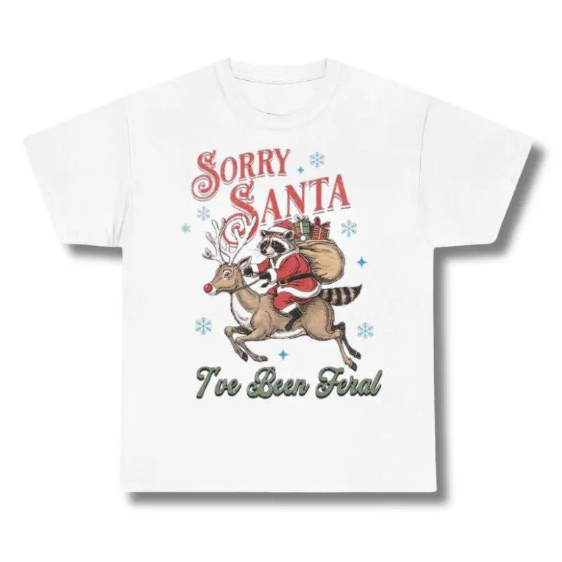 Vintage Sorry Santa I've Been Feral Shirt, On a Deer Mounted Santa Claus Raccoon With Tee, Feral Raccoon Graphic Tee, Sweatshirt, Hoodie Womenswear