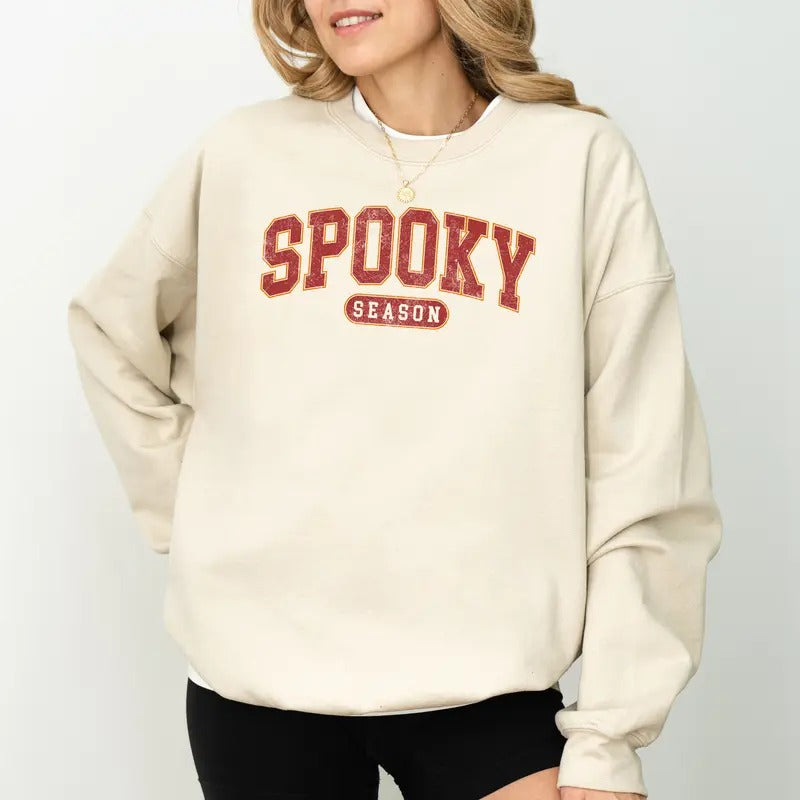 Vintage Spooky Season Varsity Sweatshirt, Retro Spooky Season Crewneck, Spooky Season Sweatshirt, Fall Autumn Girl's Sweater, Spooky Vibes Sweatshirt For Women, Comfy Long Sleeve Pullover, Cute Women's Tops, Casual Womenswear, Comfort Fabric Cotton Top