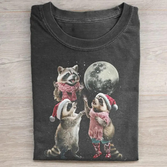Vintage Three Raccoons Santa Claus Graphic Tee - Christian Christmas - Funny Christmas Gifts - Xmas - Merry Christmas Menswear Top
