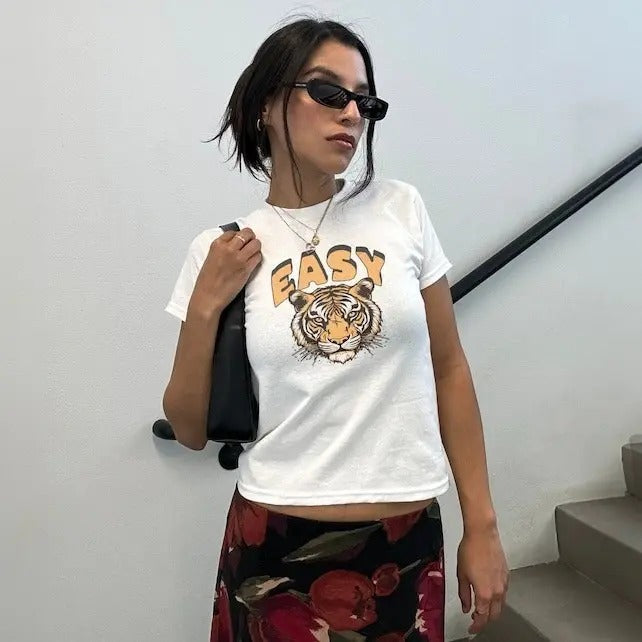 Vintage Tiger Graphic Baby Tee, Retro 90s Animal Print Tee, Cool Easy Tiger Design Fashion Streetwear