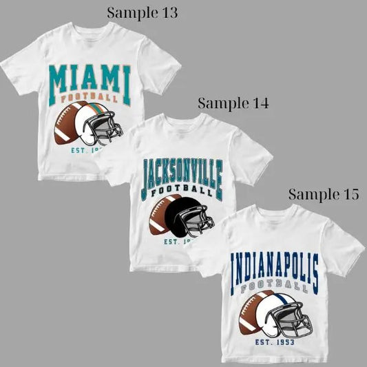 Vintage Varsity Football T-shirt, Vintage Graphic Tees, Vintage Crewnecks Tees, Vintage Tees, Vintage Football Team Tshirt, Miami, Jacsonville, Indianapolis, Denver, New York Tee - Unisex And Inclusive - Multiple Colorways - Full Size Range