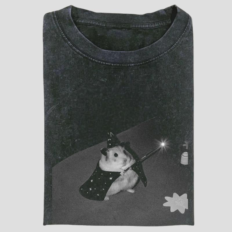 Vintage Wizard Hamster Graphic Tee, Funny Magic Wand Meme Shirt, Whimsical Pet Sorcery Aesthetic, Unisex Menswear Womenswear Top