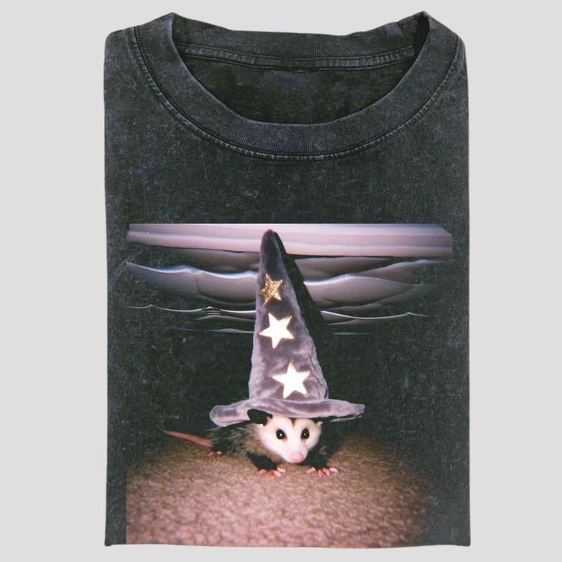 Vintage Wizard Possum Graphic Tee, Funny Magic Hat Meme Shirt, Under The Table Sorcery Aesthetic, Unisex Menswear Womenswear Top
