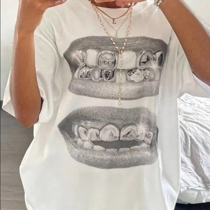 Vintage Women's Lip Print Drop Shoulder Graphic Tee, Sweatshirt, Hoodie Gift For Women Top Womenswear Underwear Cotton Polyester Printed