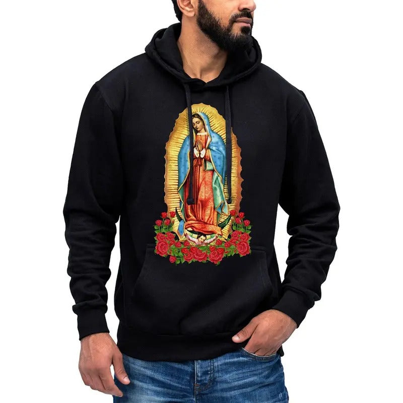 Virgen de Guadalupe Hoodie Sweatshirt - Black Cotton with Print, Hooded Design, Suitable for Men, Breathable Fabric,...