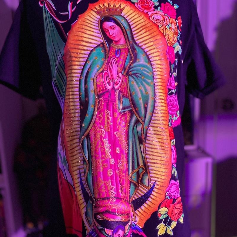 Virgencita neon  T-shirts Cotton Slim-fitting Black Comfort Hoodie, Sweatshirt | InkThreadWorks.com