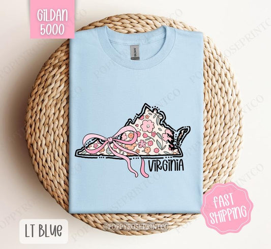Virginia Floral Bow Gildan T-shirt, Cute Trendy Tee, State Coquette Oversized Top Hoodie, Sweatshirt | InkThreadWorks.com
