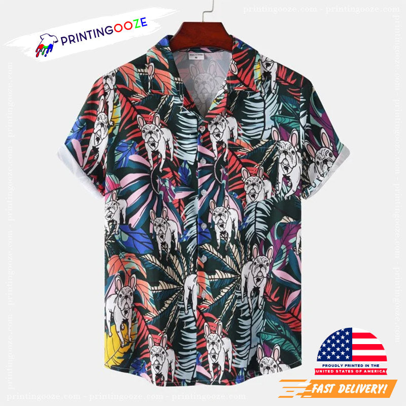 White French Bulldog Beach Coconut Tree Print Vintage Hawaiian Shirts