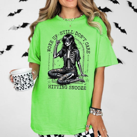 WOKE UP AND STILL DONT CARE, HITTING SNOOZE Graphic in Circle Design Short Sleeve Unisex Sizing Casual Top Streetwear T-Shirt grunge style skull vibes sarcastic offensive Crewneck Womenswear Feminine Traditional