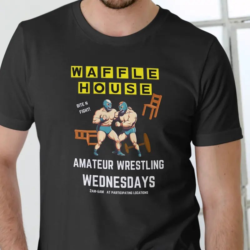 Waffle House Amateur Wrestling Wednesday T-Shirt - Black Casual Top with Graphic Design Featuring Wrestlers