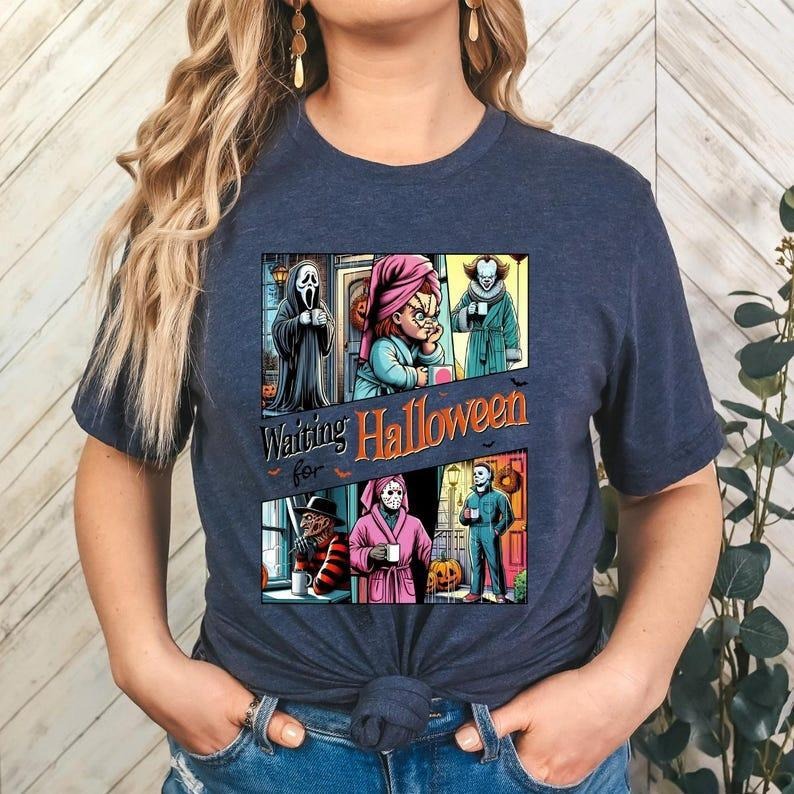 Waiting For Halloween T-Shirt, SweatShirt, Retro Horror Characters Halloween Shirt, Halloween Sweatshirt, Unisex Classic Cotton Graphic Print All Sizes for Men and Women