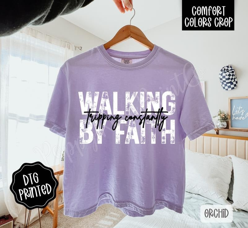 Walking By Faith Cropped Comfort Colors Tee, Trendy Tshirt for Women Hoodie, Sweatshirt | InkThreadWorks.com