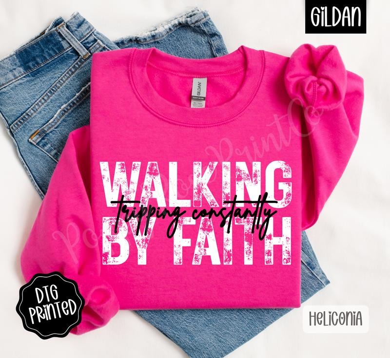 Walking By Faith Sweatshirt, Trendy Women's Religious Crewneck T-Shirts, Hoodie | InkThreadWorks.com