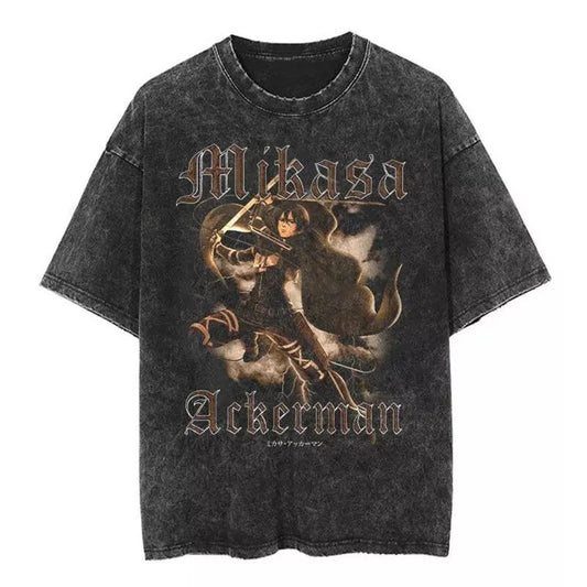 Wash Vintage T-shirt Attack On Titan Tee Oversize Casual Short Sleeves Cotton Menswear Hoodie, Sweatshirt