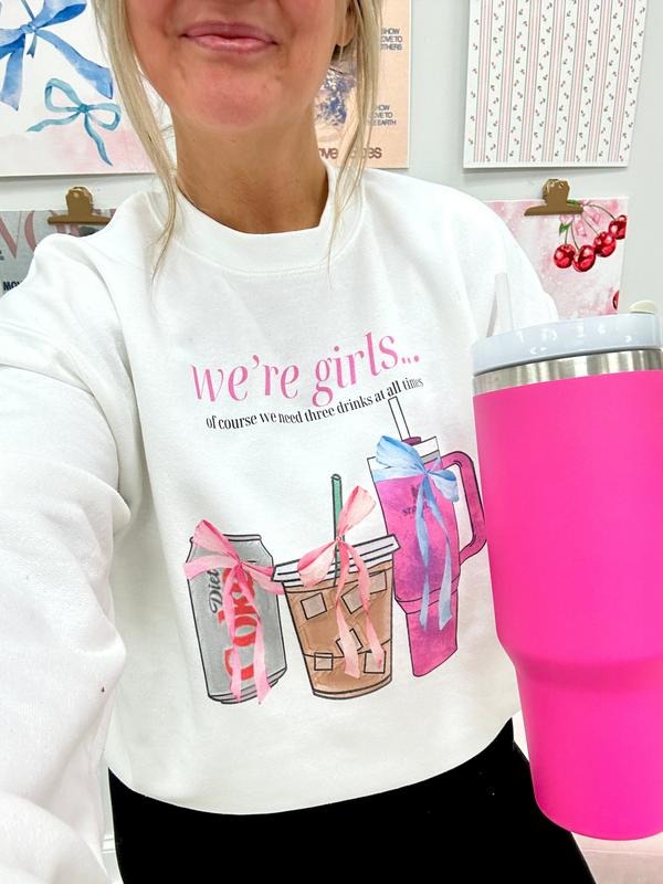 'We're Girls Bow Drinks' Crewneck Sweatshirt, Cozy Girly Diet Coke Sweater