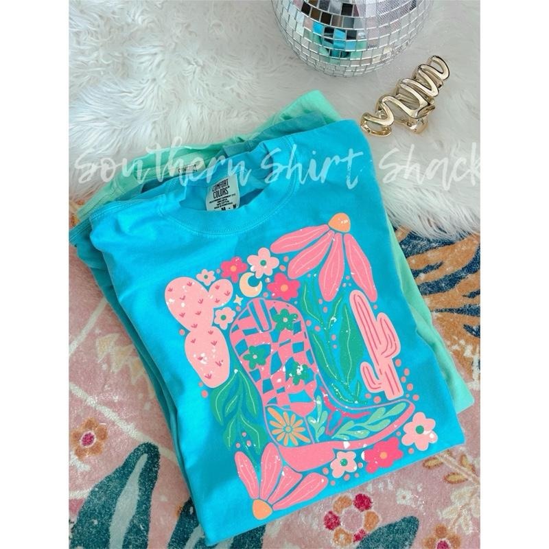 Western Cactus Cowgirl Boot T shirt  | Lagoon Blue comfort colors t shirt Hoodie, Sweatshirt | InkThreadWorks.com