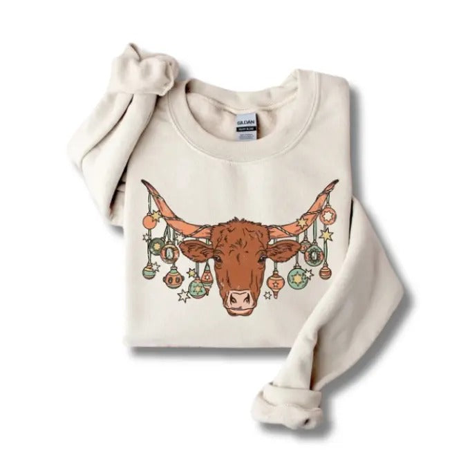 Western Christmas Sweatshirt, Bull Skull Shirt, Cowboy Christmas Vintage Graphic Tee, Hoodie, Sweatshirt Mens & Womens Streetwear Tops & Underwear