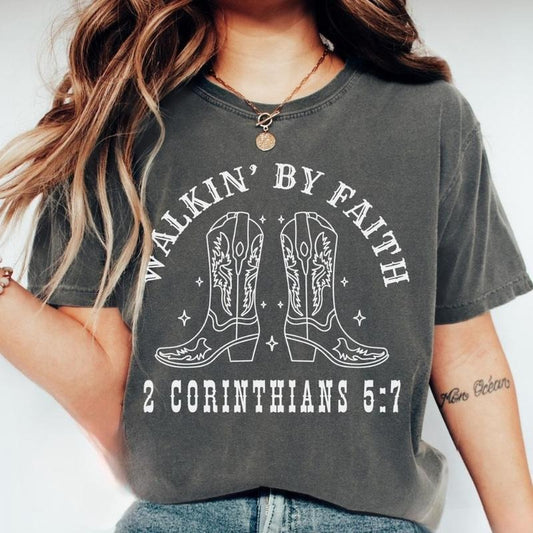 Western Cowgirl Boot Walkin' By Faith Christian Shirt, Christian Walk by Faith, Bible Verse Tee, Religious Country Girl...