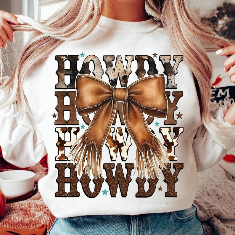 Western Cowgirl Howdy, Brown Leather Bow, Western Mama, Western Shirt Hoodie, Sweatshirt | InkThreadWorks.com
