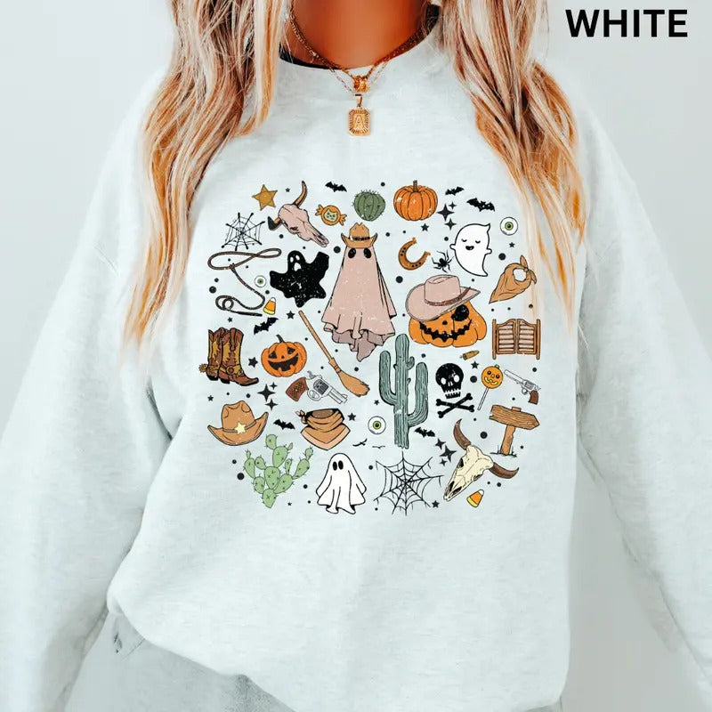 Western Halloween Crewneck, Halloween Doodles Sweatshirt, Oversized Halloween Graphic Crewneck, Cotton Pullover Spooky Season Sweater