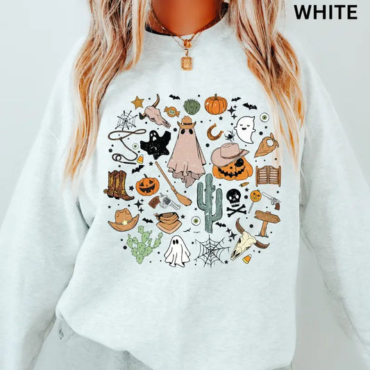 Western Halloween Crewneck, Halloween Doodles Sweatshirt, Oversized Halloween Graphic Crewneck, Cotton Pullover Spooky Season Sweater