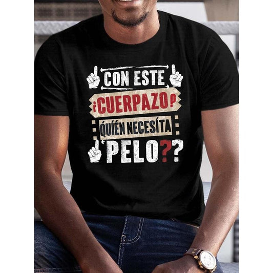 Men's Confident Cotton Tee - Casual Round Neck, Soft & Breathable with Bold "Cúrsele esté?/ What?" Print, Perfect for Sports & Leisure, White & Red Text, Black Fabric Made in USA