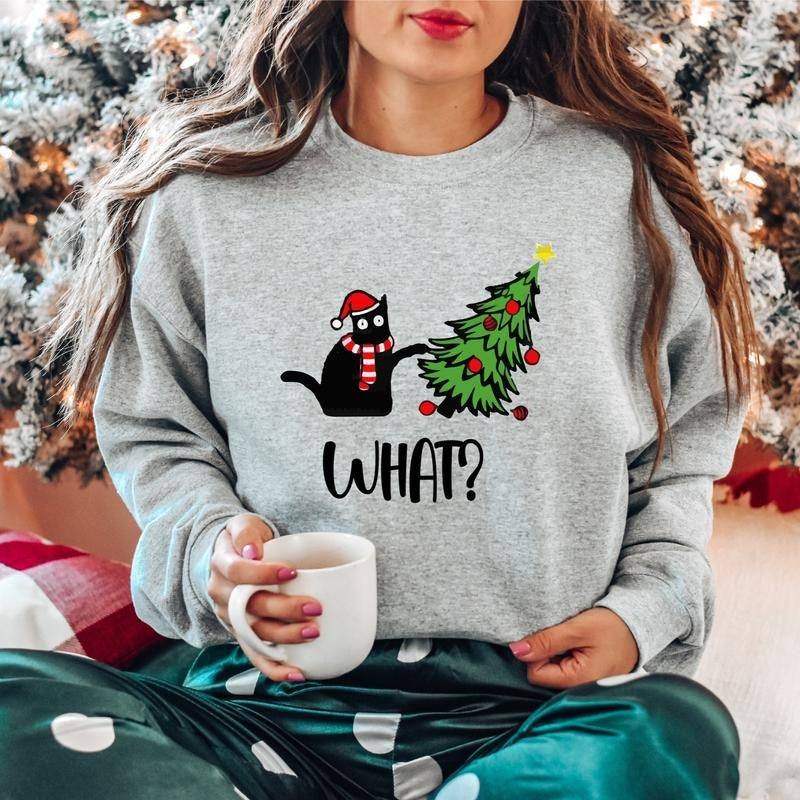What Cat Christmas Sweatshirt, Funny Black Cat Sweater, Cat Lover Gift Hoodie For Mother, Unisex Christmas Tree Gift Long...