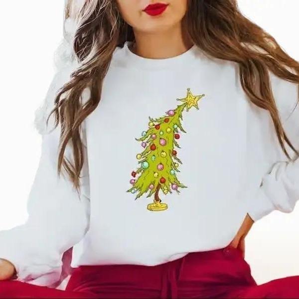 Whimsical Christmas Tree Shirt, Whimsical Grinch Tree, Trendy Whoville Tree Sweatshirt Cotton Fit Hoodie | InkThreadWorks.com