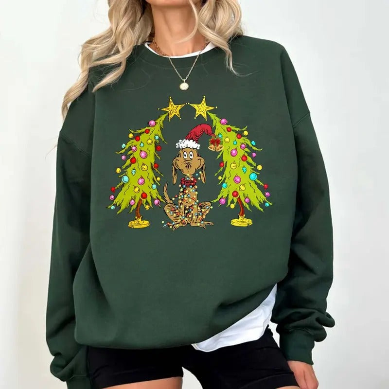 Whimsical Christmas Tree Sweatshirt, With Dog Max Whoville Tree Sweatshirt, Whimsical Green Star Tree, Trendy Christmas...