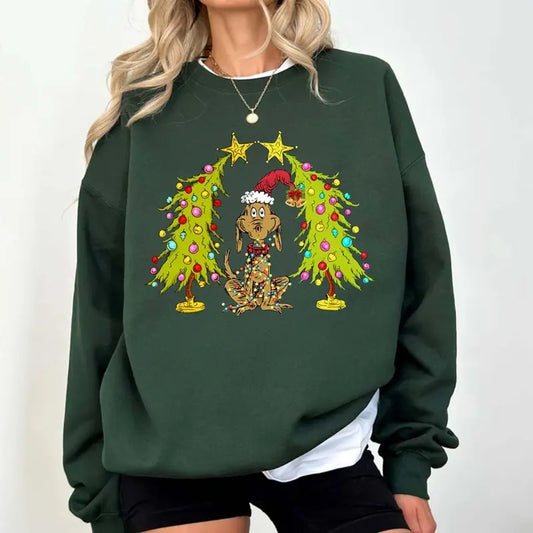 Whimsical Christmas Tree Sweatshirt, With Dog Max Whoville Tree Sweatshirt, Whimsical Green Star Tree, Trendy Christmas...