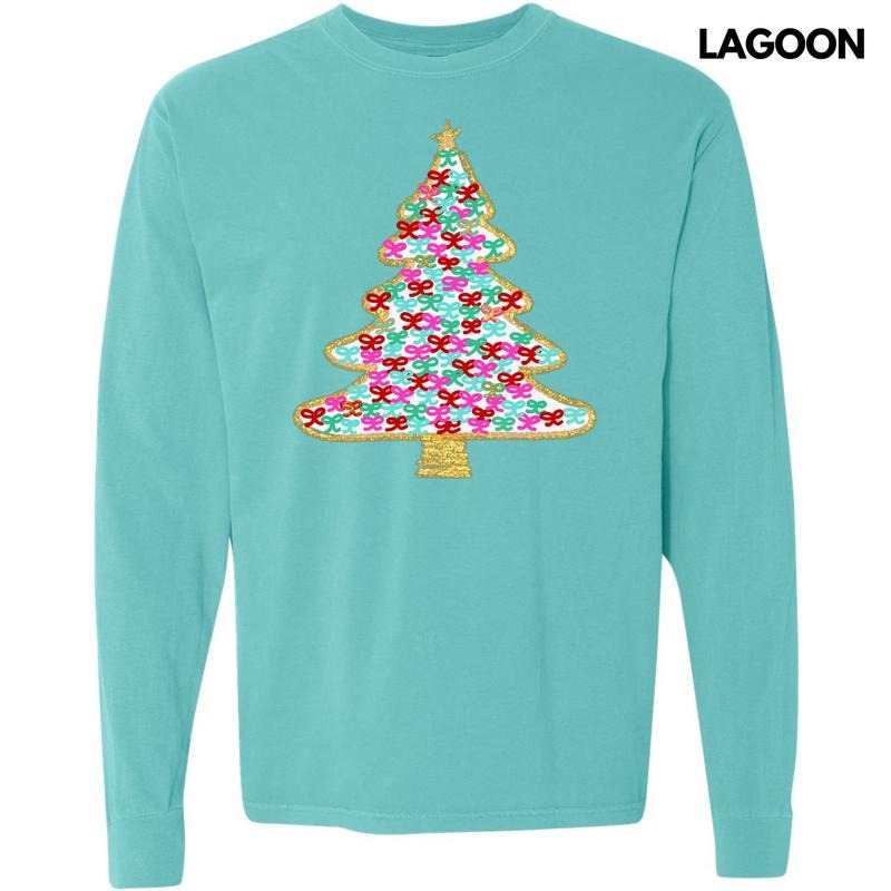 White Bushel Of Bows Christmas Tree Long Sleeve Comfort Colors T-Shirt 'NLB' Hoodie, Sweatshirt | InkThreadWorks.com