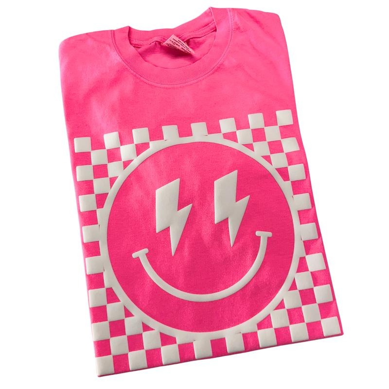 White Puff Checkered Happy Face Comfort Colors T-Shirt Hoodie, Sweatshirt | InkThreadWorks.com