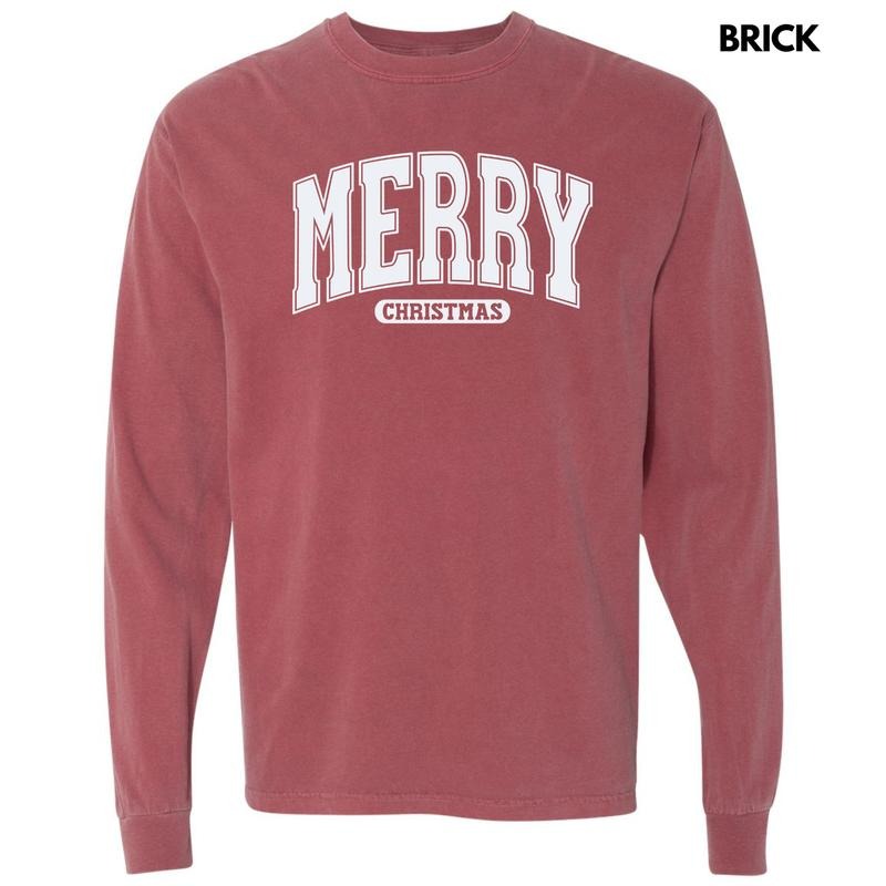 White Varsity Merry Christmas Long Sleeve Comfort Colors T-Shirt 'NLB' Hoodie, Sweatshirt | InkThreadWorks.com