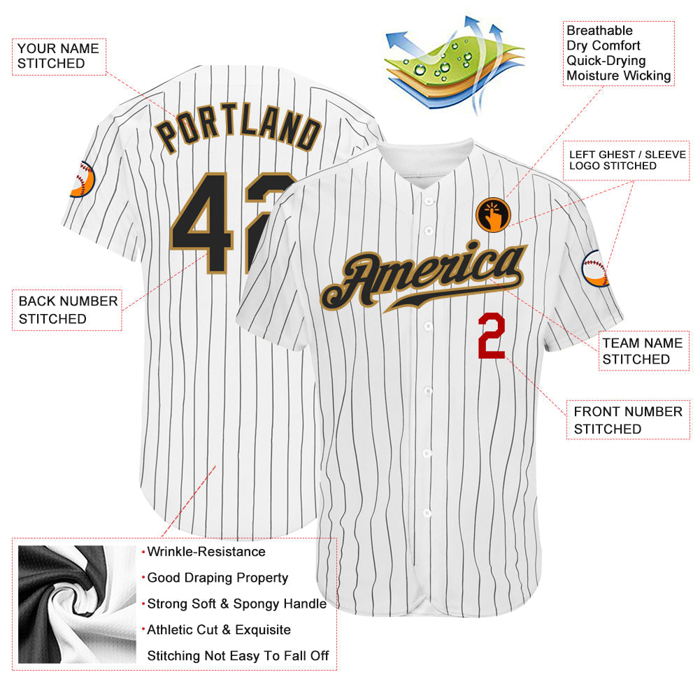 Custom White Black Pinstripe Black Old Gold-Red Authentic Baseball Jersey