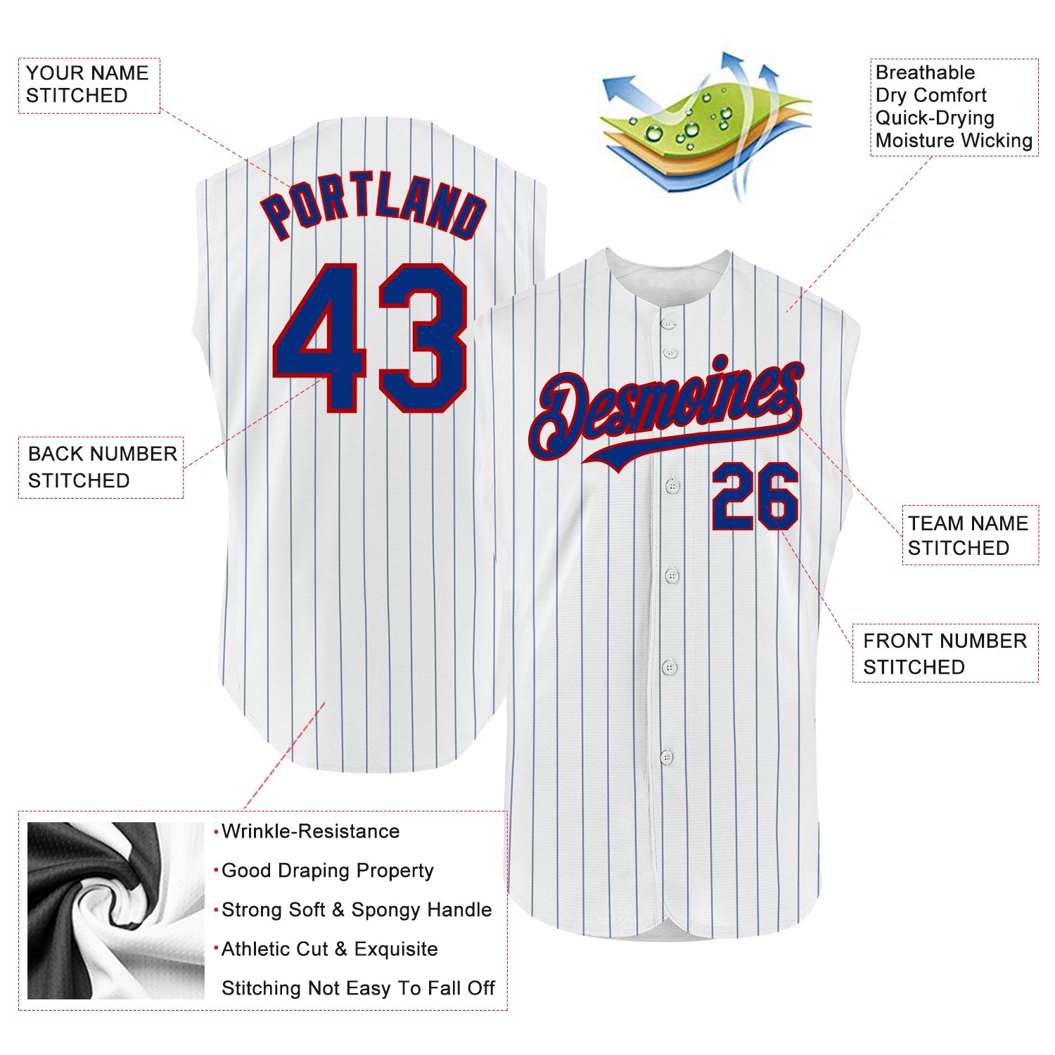 Custom White Royal Pinstripe Red Authentic Sleeveless Baseball Jersey