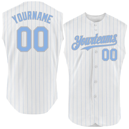 Custom White Light Blue Pinstripe Gray Authentic Sleeveless Baseball Jersey