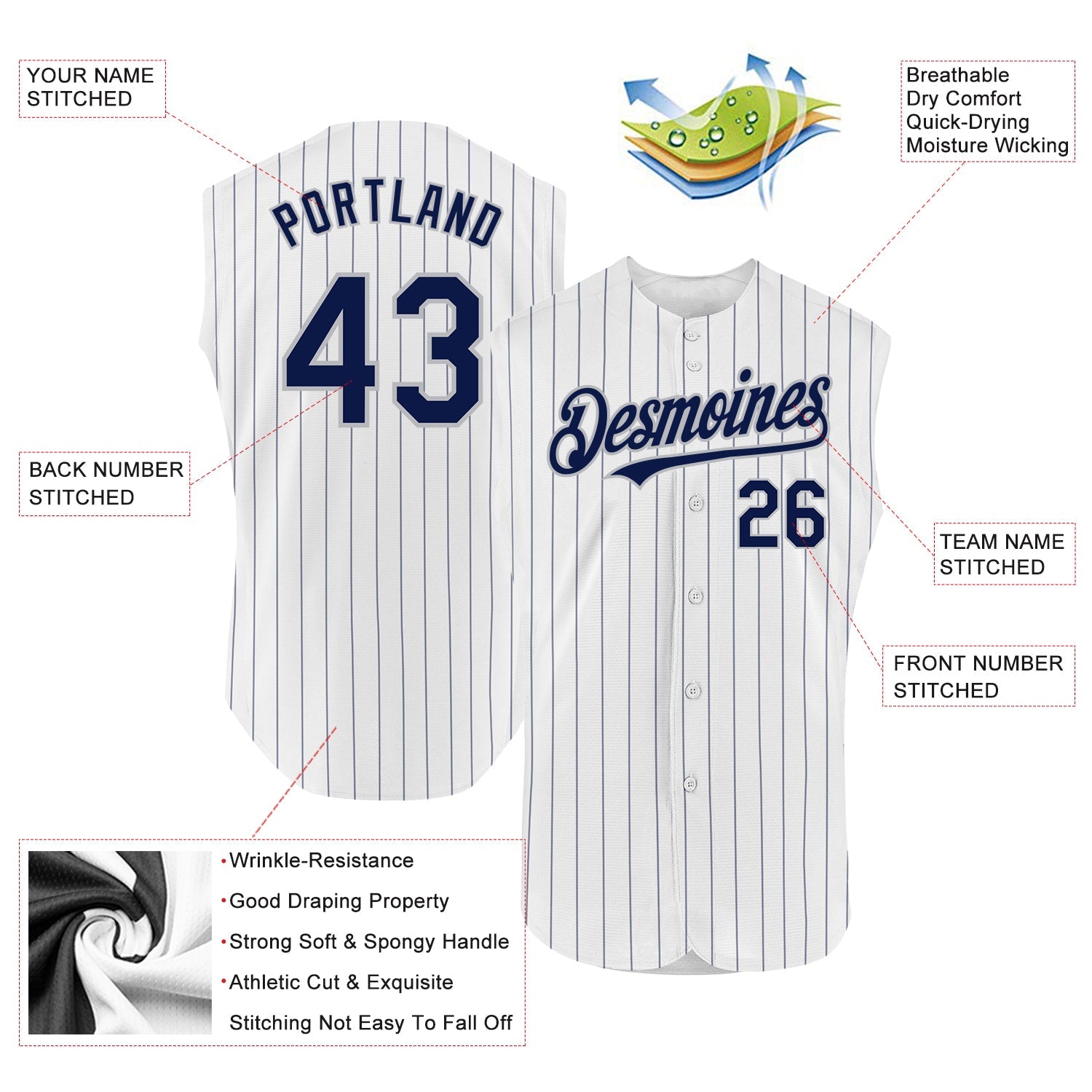 Custom White Navy Pinstripe Gray Authentic Sleeveless Baseball Jersey
