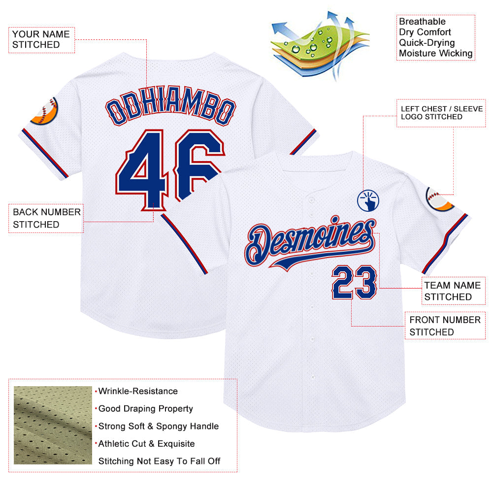 Custom White Royal-Red Mesh Authentic Throwback Baseball Jersey