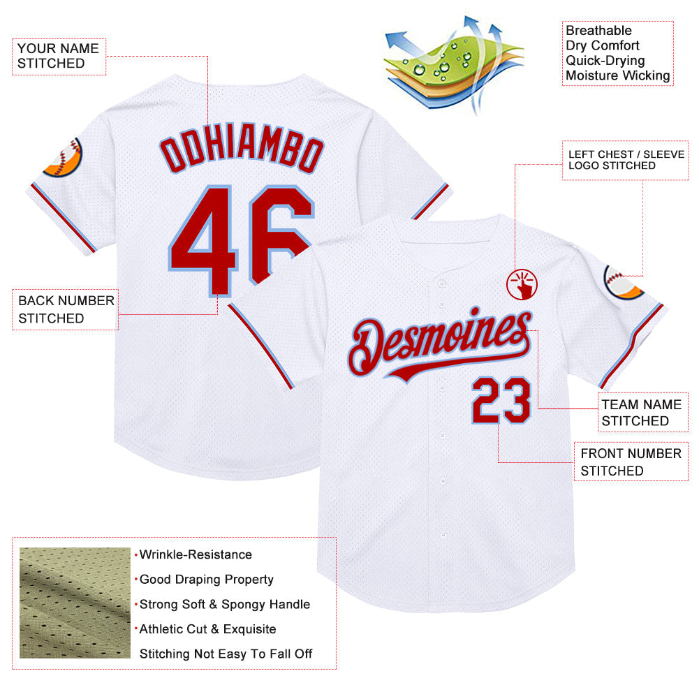Custom White Red-Light Blue Mesh Authentic Throwback Baseball Jersey