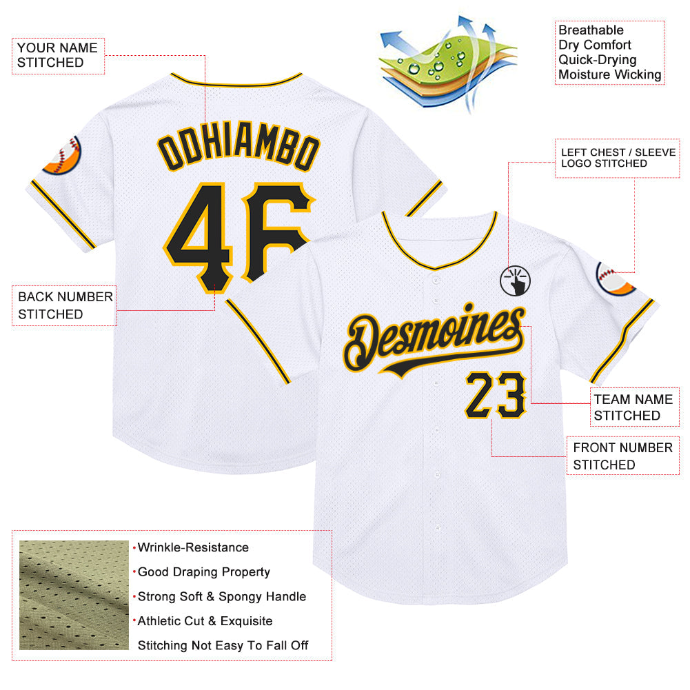 Custom White Black-Gold Mesh Authentic Throwback Baseball Jersey