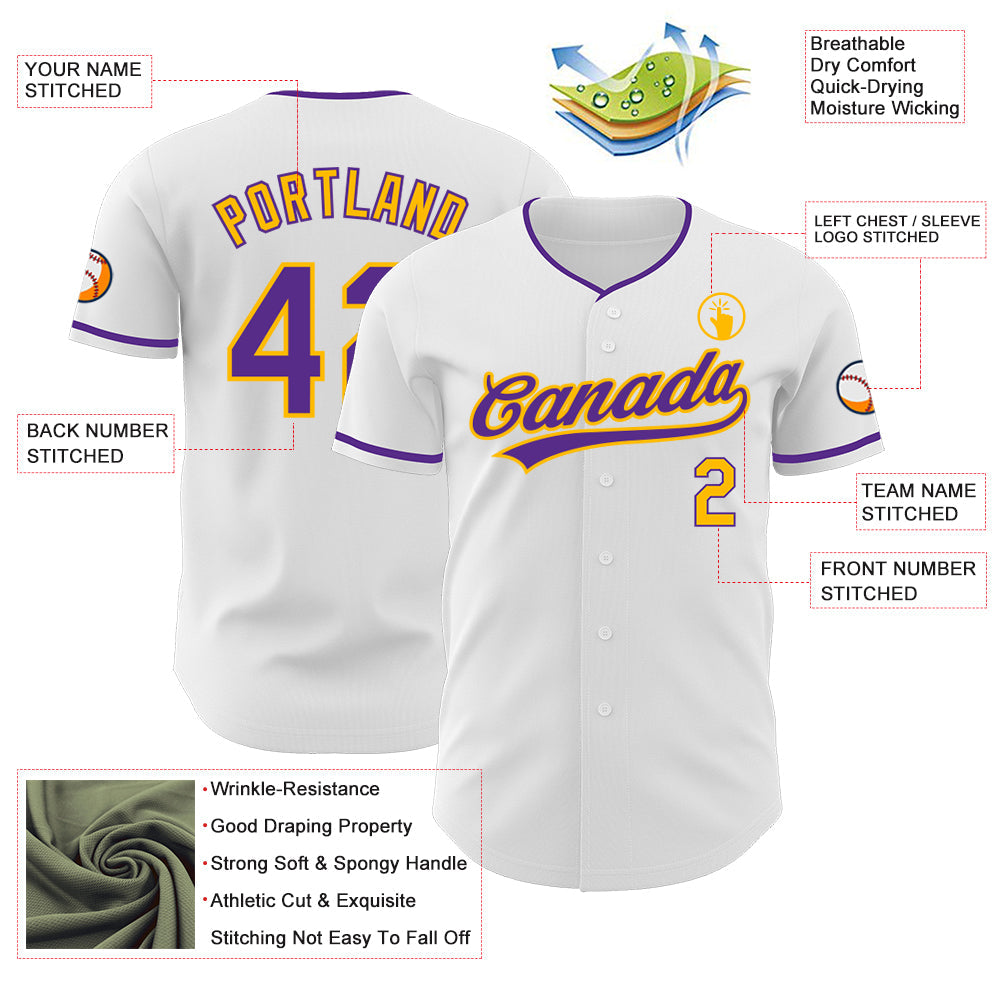Custom White Purple-Gold Authentic Baseball Jersey